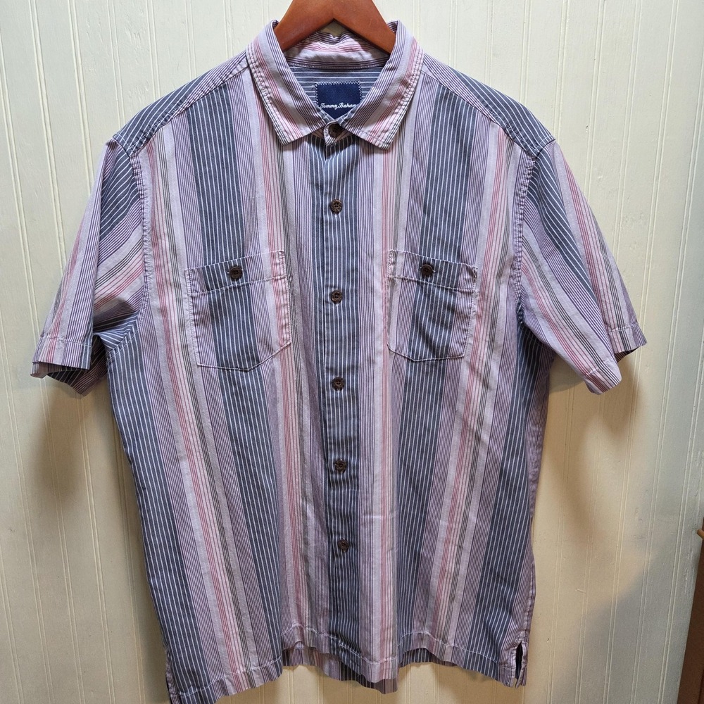 Tommy Bahama Shirt Mens Large Blue Stripe Short Sleeve Button Front Silk Casual